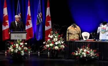 Former Prime Minister Stephen Harper speaks about former Premier of Alberta Jim Prentice, during his state memorial.