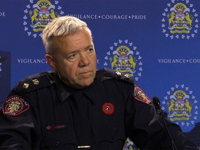Calgary Police Service Superintendent James Hardy speaks to media after a CPS member was charged with numerous domestic-related offences. Photo taken October 28, 2016.