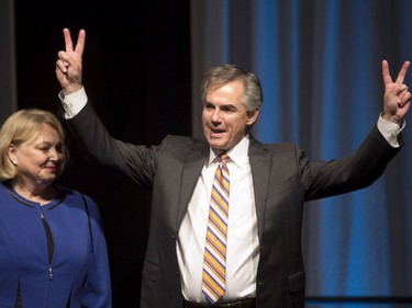 Jim Prentice celebrates his win with his wife Karen Prentice following the results of the Progressive Conservative leadership first ballot in Edmonton on Saturday, Sept. 6, 2014. The next premier of Alberta will be Jim Prentice. The former federal cabinet minister has won the leadership of the Alberta Progressive Conservative party in a landslide.