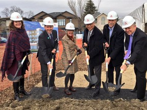 A ceremonial shovel turning at the Delaney. From left to right, Lori Sigurdson, minister of seniors and housing;
Jeff Dyer, CEO of Accessible Housing, City of Calgary Coun. Druh Farrell; Trico Homes CEO and founder Wayne Chiu; Martin Veenhoven of Zeidler-BKDI Architects; and Trico Homes president Tom Chisholm.