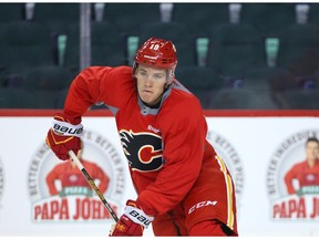 Matthew Tkachuk  handles the puck during the Calgary Flames Red Rally practice session at the Scotiabank Saddledome in Calgary, Alta on Saturday October 8, 2016. Fans had a chance to meet players, tour the Dome, and listen to the coach narrate a one hour practice session. The Flames open the regular season against the Oilers in Edmonton on Thursday and then at home this Friday.