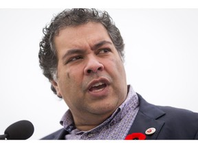 Mayor Naheed Nenshi speaks during the ceremonial opening of the Flanders Interchange bridge over Crowchild Trail SW in Calgary, Alta., on Saturday, Oct. 29, 2016.