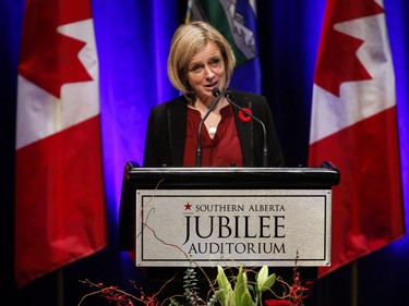 Alberta Premier Rachel Notley speaks at a memorial service for former Alberta Premier Jim Prentice in Calgary on Friday, October 28, 2016. Prentice was killed in a plane crash in B.C. on Oct. 13. THE CANADIAN PRESS/Jeff McIntosh ORG XMIT: JMC104