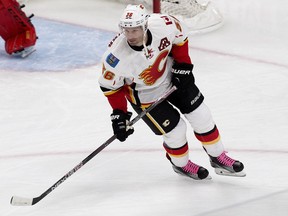 The Calgary Flames' Troy Brouwer (36) takes part in the  warm up prior to the Flames' game against the Edmonton Oilers, at Rogers Place in Edmonton on Wednesday Oct. 12, 2016. Photo by David Bloom Photos off Oilers game for multiple writers copy in Oct. 13 editions.