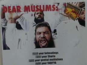 A close-up of an anti-Muslim poster posted to Twitter by Rand Al-Hashmy (edited for profanity).