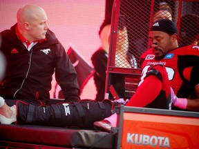 Calgary Stampeders Deron Mayo after being injured in a game against the Montreal Alouettes in Calgary, Alta., on Saturday, October 15, 2016.