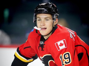 Calgary Flames Matthew Tkachuk in warm up before facing the Vancouver Canucks in pre-season hockey on Friday.