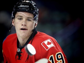 Calgary Flames Matthew Tkachuk during the pre-game skate before playing the Washington Capitals in NHL hockey in Calgary, Alta., on Sunday, October 30, 2016. AL CHAREST/POSTMEDIA