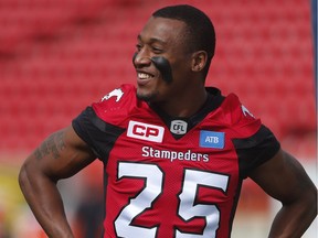 Calgary Stampeders Tommie Campbell in warm up before facing the Hamilton Tiger-Cats in CFL football in Calgary, Alta., on Sunday, August 28, 2016. AL CHAREST/POSTMEDIA