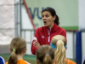 Soccer star Christine Sinclair works with kids at a soccer clinic at Calgary West Soccer Centre in Calgary, Ab., on Saturday October 15, 2016. Mike Drew/Postmedia