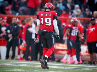 Calgary Stampeders quarterback Bo Levi Mitchell walks back to the sideline during a against the Montreal Alouettes in CFL football in Calgary, Alta., on Saturday, October 15, 2016. AL CHAREST/POSTMEDIA