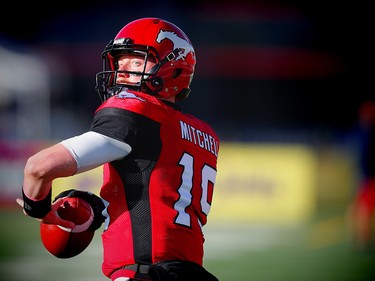 Calgary Stampeders Bo Levi Mitchell in warm up before facing the Montreal Alouettes in CFL football in Calgary, Alta., on Saturday, October 15, 2016.