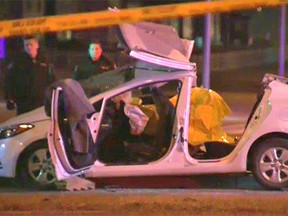 Still frame from TV showing one of the two vehicles involved in a fatal crash in Calgary. Alta October 23, 2016 near Metis Tr and Country Hils Blvd NE. A statement from police said a Kia Forte was struck by a Dodge Journey when the SUV failed to stop at a traffic light.