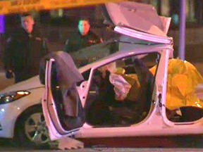 Still frame from TV showing one of the two vehicles involved in a fatal crash in Calgary.