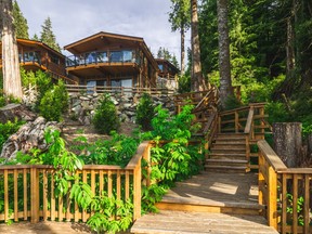 The view from the water of cottages at Wild Coast Cottages in Port Renfrew, B.C., by Three Point Properties.