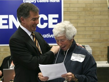 Calgary, AB-20081014-Conservative incumbent Jim Prentice for Calgary Centre-North stopped by his campaign office to thank his volunteers, including Olive Taylor, on Tuesday night.. Photo by Lorraine Hjalte/Calgary Herald (For E section story by Trent Edwards) 00018472A Jim Prentice, Conservative incumbent for Calgary Centre-North riding, [whatever he's doing].