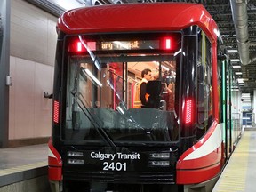 The exterior of Calgary Transit's new  “Mask”  S200 CTrain car.