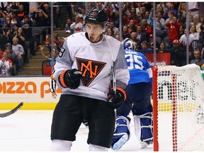 Johnny Gaudreau #13 of Team North America celebrates his goal at 5:27 of the second period against Team Finland during the World Cup of Hockey tournament at the Air Canada Centre on September 18, 2016 in Toronto, Canada.