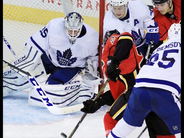 Toronto Maple Leafs goaltender Jhonas Enroth stopped this scoring chance from the Calgary Flames during the second period of NHL action at the Scotiabank Saddledome in Calgary on Wednesday November 30, 2016.