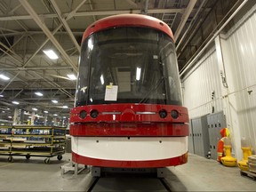 One of the new Toronto streetcars sits under construction at the Bombardier factory in Thunder Bay, Ontario on Wednesday, December 3, 2014.