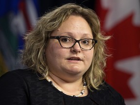 Deputy Premier Sarah Hoffman speaks to the media about the governments latest release of salary details at the Alberta Legislature, in Edmonton Alta. on Thursday June 30, 2016. Photo by David Bloom