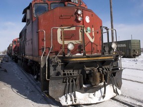 Canadian National locomotives are seen in Montreal on Monday, February 23, 2015. Canadian National Railway and Unifor are in last minute contract negotiations in the face of a threat by the company to lock out nearly 5,000 employees at 11pm Monday, Feb. 23, 2015. THE CANADIAN PRESS/Ryan Remiorz