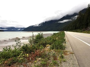 The far western portion of the Yellowhead Highway includes a stunning drive along the Skeena River past mountains in the Coastal Range outside of Prince Rupert, B.C.