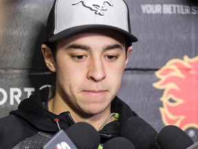 Johnny Gaudreau talks to media about his injured hand on November 18, 2016.