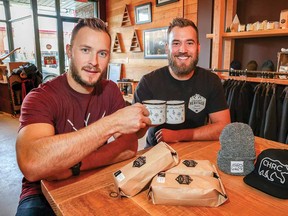 Jamie Parker, left, and Mike Wenzlawe of Calgary Heritage Roasting Company with some of their products at Meraki Supply Company.