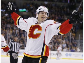 Calgary Flames' Alex Chiasson (39) celebrates his goal during the third period of an NHL hockey game against the Boston Bruins in Boston, Friday, Nov. 25, 2016.