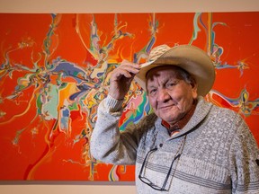 Alex Janvier in front of "Lubicon" painted in 1988.  A major retrospective of Canadian artist, Alex Janvier, gets set to open at the National Gallery of Canada.  It is dedicated to one of the country's most important artists working today. With more than 150 paintings and drawings, including works that have never been on public display, the exhibition opens to the public on November 25 and will be on view until April 17, 2017.  Wayne Cuddington/ Postmedia