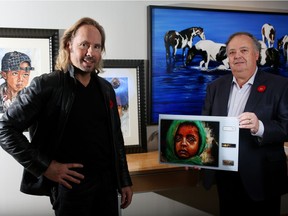 Artist Paul Van Ginkel and Patrick Ward, president of Painted Pony Petroleum display the HOPEthiopia calendar being sold for charity.