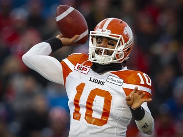 B.C. Lions quarterback Jonathon Jennings throws the ball during first quarter CFL Western Final football action against the Calgary Stampeders, in Calgary on Sunday, Nov. 20, 2016.