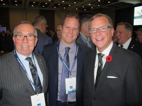 Cal 1112 Wall 8 Pictured with  Fraser Institute Founders' Award honouree Saskatchewan Premier Brad Wall (right) are legendary philanthropist and community leader Dick Hayskayne (left) and Crescent Point Energy  president and CEO Scott Saxberg (centre).