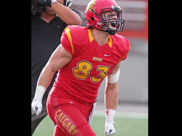 Calgary Dinos receiver Brendon Thera-Plamondon celebrates scoring a touchdown against the UBC Thunderbirds during the Hardy Cup at McMahon Stadium in Calgary on Saturday November 12, 2016.