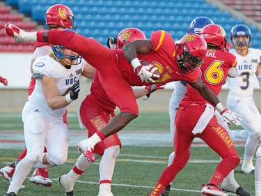 Calgary Dinos running back Jeshrun Antwi goes airborne during a 4th quarter carry in the Hardy Cup. The Dinos downed the Thunderbirds 46-43 at McMahon Stadium in Calgary on Saturday November 12, 2016.