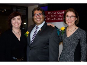 Cal 1126 Rozsa 3 Joining Mayor Nenshi at the    2016 Rozsa Award for Excellence in Arts Management held Oct 27 in the Jack Singer are 2016 award recipient Eva Cairns managing producer, Catalyst Theatre, Edmonton (left) and Rozsa Foundation president and avid arts supporter Mary Rozsa de Coquet.