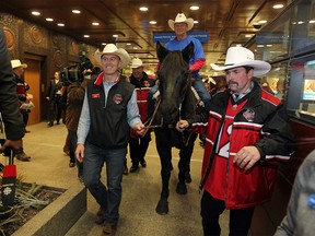 Colleen De Neve/ Calgary Herald TORONTO, ON --NOVEMBER 22, 2012 -- Calgary Grey Cup Committee members, from left, Brad Greenslade, Phil Landon and Blair Purcell escorted Marty into the atrium of First Canadian Place home to the Bank of Montreal where they were greeted by members of the public after deing denied access to the Royal York Hotel in Toronto on November 22, 2012.  (Colleen De Neve/Calgary Herald) (For City story by Val Fortney) 00040