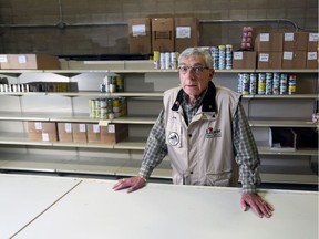 Joey Bleviss of the Veterans' Food Bank stands among the many bare shelves in the agency's warehouse last week. Thankfully, donations have increased in recent days.
