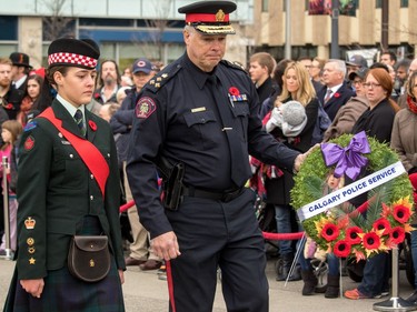 Calgary Police Chief Roger Chaffin lays the Calgary Police wreath at the cenotaph at Central Memorial Park for Remembrance Day ceremonies in Calgary, Ab., on Friday November 11, 2016.
