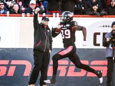 Calgary Stampeders DaVaris Daniels runs for a touchdown against the BC Lions in Western Final CFL action at McMahon Stadium in Calgary, Alta.. on Sunday November 20, 2016. Mike Drew/Postmedia