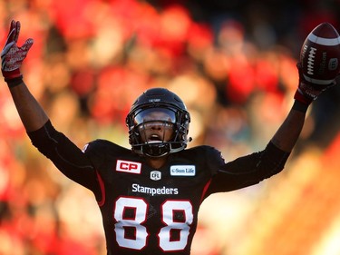 Calgary Stampeders Kamar Jorden celebrates his touchdown on the BC Lions during CFL Western Final action at McMahon Stadium on Sunday November 20, 2016.