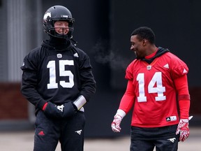 Calgary Stampeders quarterback Andrew Buckley, left and Roy Finch during Stamps practice at McMahon Stadium in Calgary, Alta.. on Wednesday November 16, 2016. Leah hennel/Postmedia