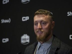 Calgary Stampeders' quarterback Bo Levi Mitchell speaks at a press conference after arriving in Toronto on Tuesday, November 22, 2016, ahead of the CFL final to be held in Toronto on Sunday.