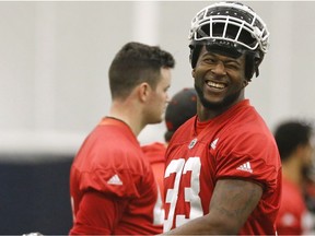 Calgary Stampeders running back Jerome Messam at practice at Monarch Park dome in preparation for Sundays' Grey Cup game in Toronto, Ont. on Wednesday November 23, 2016.