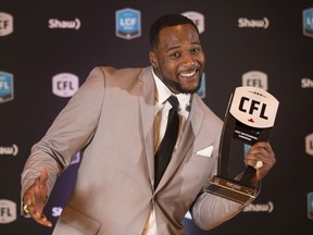 Calgary Stampeders running back Jerome Messam poses backstage after being named Most Outstanding Canadian at the CFL Awards held in Toronto on Thursday, November 24, 2016.