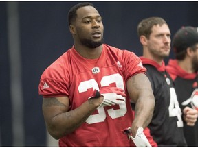 Calgary Stampeders running back Jerome Messam tries on his dance moves at practice for the 104th Grey Cup in Toronto on Friday, November 25, 2016.