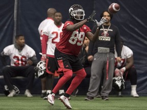 Calgary Stampeders wide receiver DaVaris Daniels hauls in a pass at practice for the 104th Grey Cup in Toronto on Wednesday, November 23, 2016.