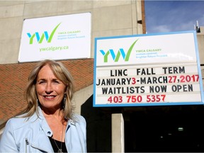 Calgary YW CEO Sue Tomney with the organization's new identity, in Calgary.