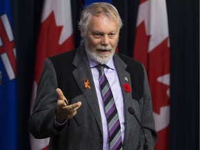 Don MacIntyre, the opposition Wildrose's electricity and renewables critic, speaks the province's Climate Leadership Plan in Edmonton on Monday.